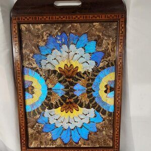 1940s Brazilian Butterfly wing wooden tray w/ handles & inlays